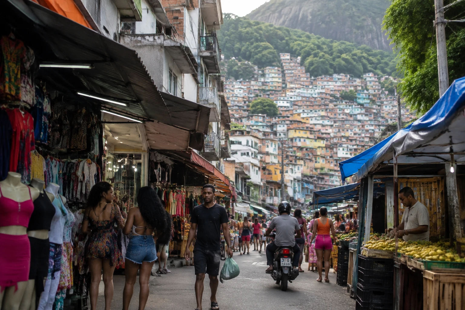 Street-level local commerce scene in Rocinha, Rio de Janeiro