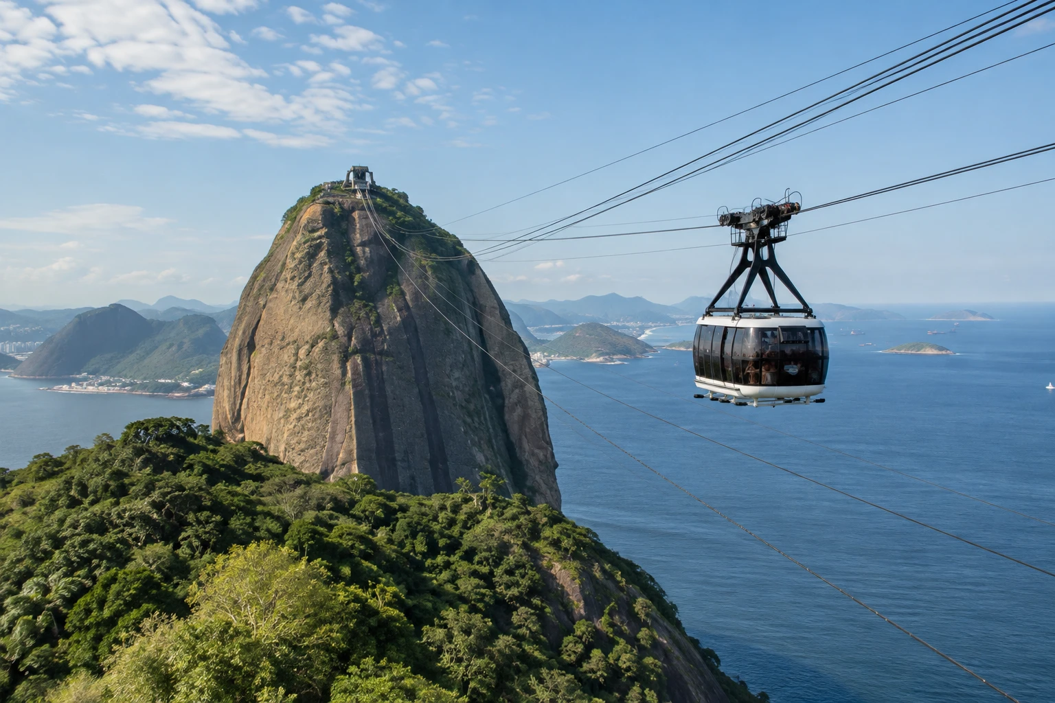 Cable car crossing toward Pão de Açúcar above the bay in Rio de Janeiro